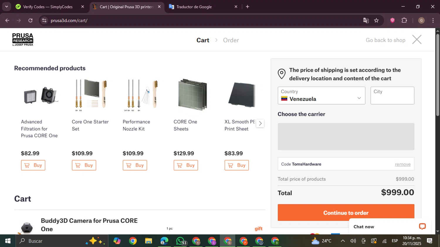 Prusa discount code screenshot showing code TOMSHARDWARE applied at Prusa checkout page. Uploaded by SimplyCodes community member BrilliantTracker4207 on Nov 21, 2025