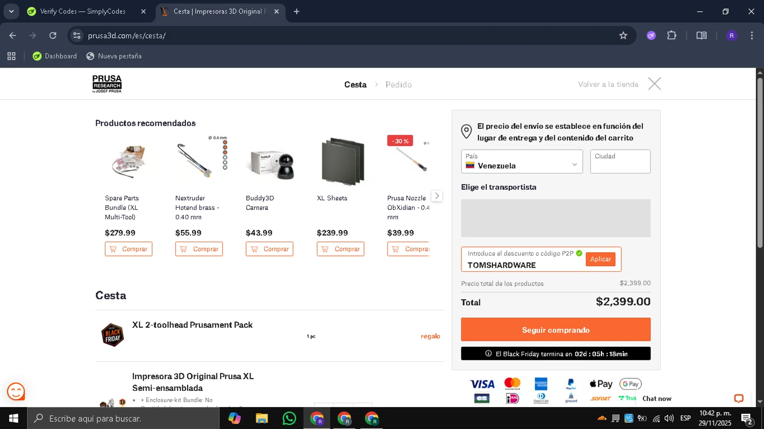 Prusa discount code screenshot showing code TOMSHARDWARE applied at Prusa checkout page. Uploaded by SimplyCodes community member Mykeusername on Dec 1, 2025