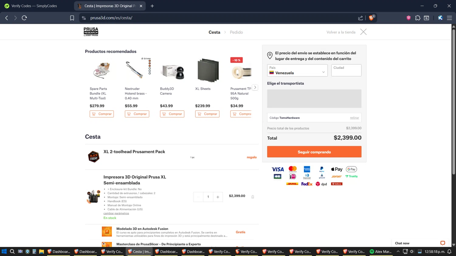 Prusa discount code screenshot showing code TOMSHARDWARE applied at Prusa checkout page. Uploaded by SimplyCodes community member ZoilaPerrita on Nov 11, 2025