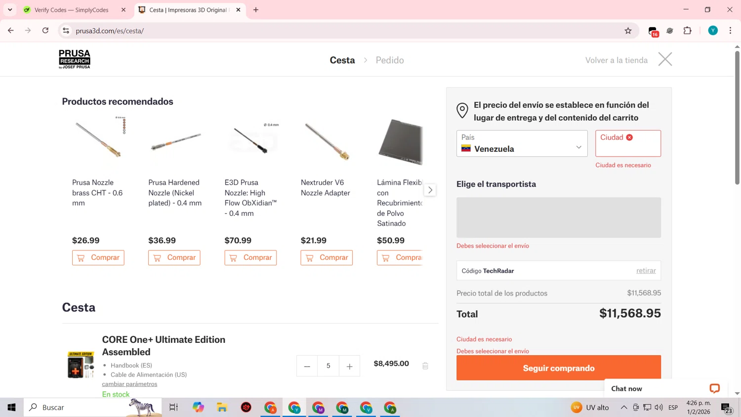 Prusa checkout page showing Prusa discount code box | Screenshot taken by SimplyCodes community member on Feb 1, 2026