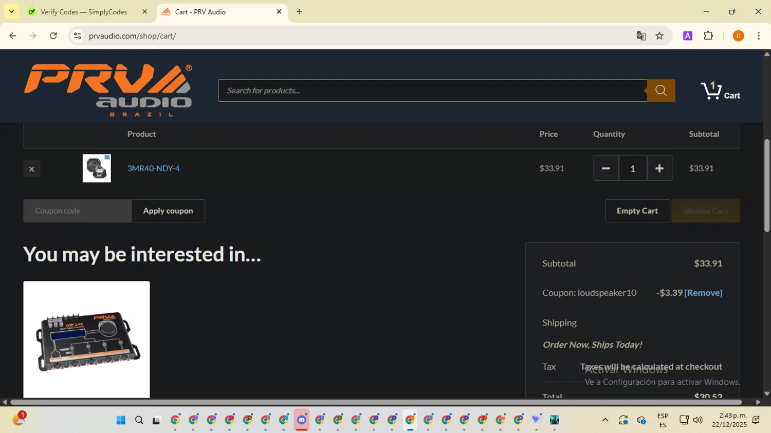 PRV Audio promo code screenshot showing code LOUDSPEAKER10 applied at PRV Audio checkout page. Uploaded by SimplyCodes community member SavingsMaverick3203 on Dec 22, 2025