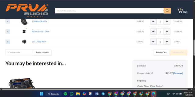 PRV Audio checkout page showing PRV Audio coupon code box | Screenshot taken by SimplyCodes community member on Aug 8, 2025