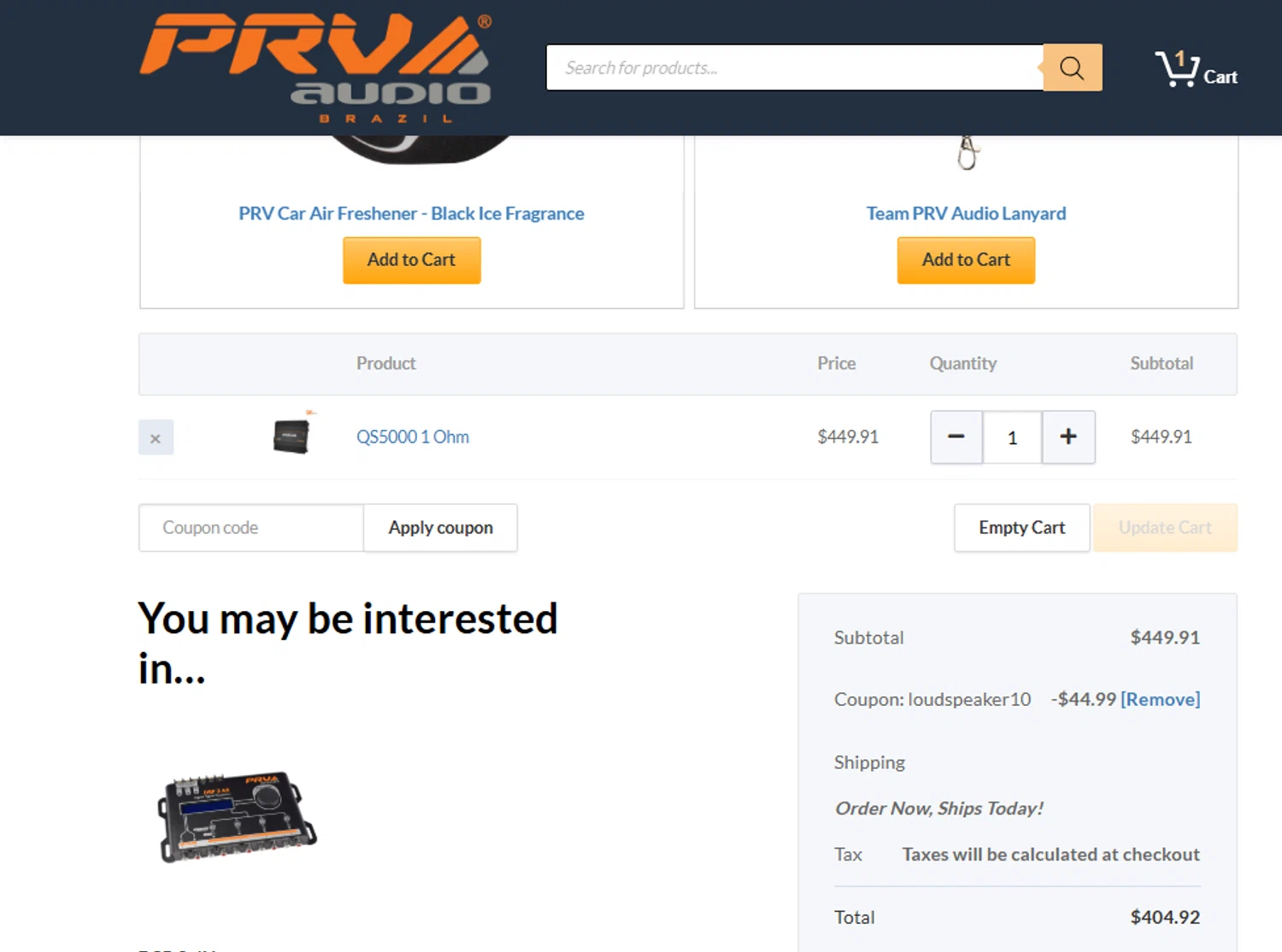 PRV Audio promo code screenshot showing code LOUDSPEAKER10 applied at PRV Audio checkout page. Uploaded by SimplyCodes community member ashe1986 on Dec 22, 2025