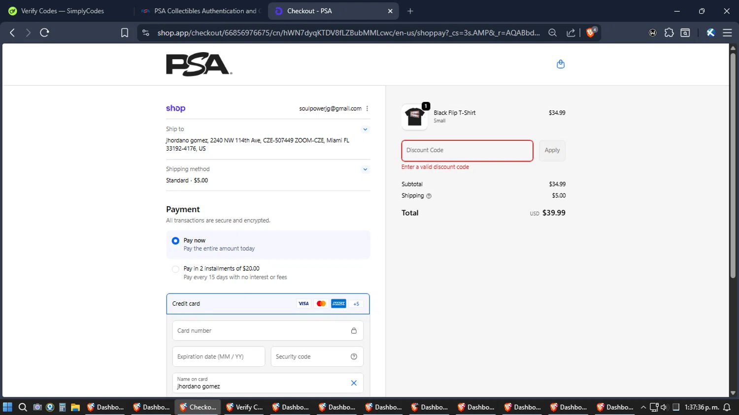PSA Card promo code screenshot showing code COLLX25 applied at PSA Card checkout page. Uploaded by SimplyCodes community member Jgomez on Jan 15, 2026