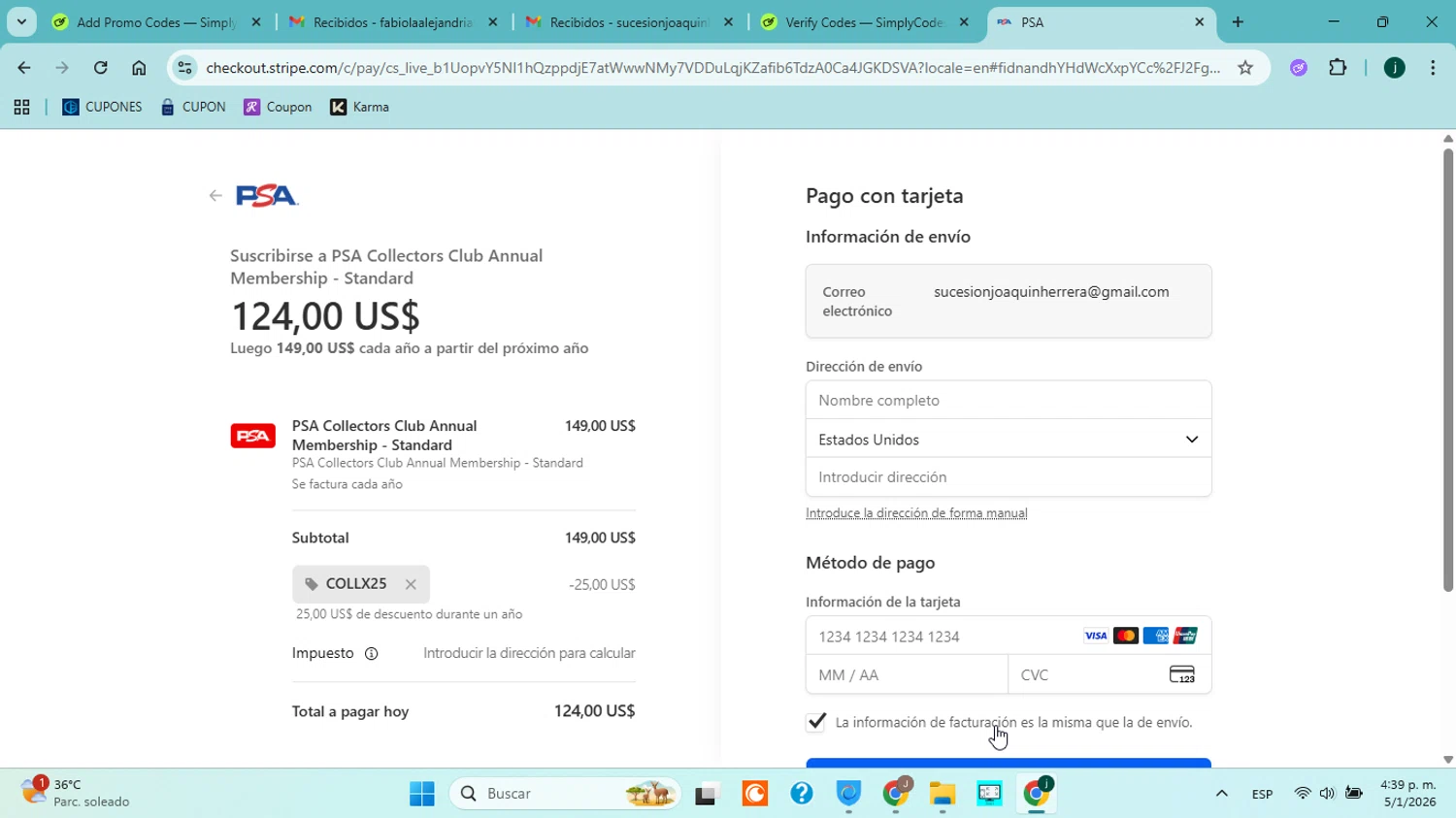 PSA Card checkout page showing PSA Card promo code box | Screenshot taken by SimplyCodes community member on Jan 5, 2026