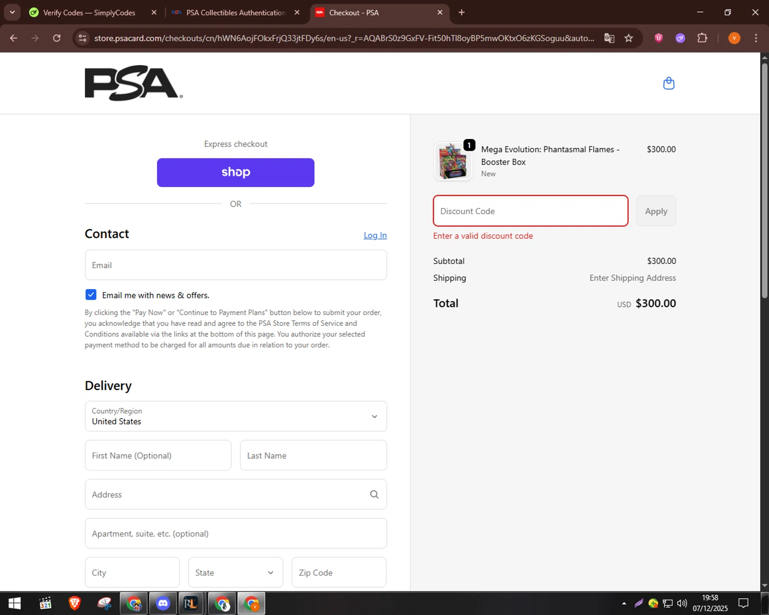 PSA Card promo code screenshot showing code PC25 applied at PSA Card checkout page. Uploaded by SimplyCodes community member bulbasaur69 on Dec 7, 2025