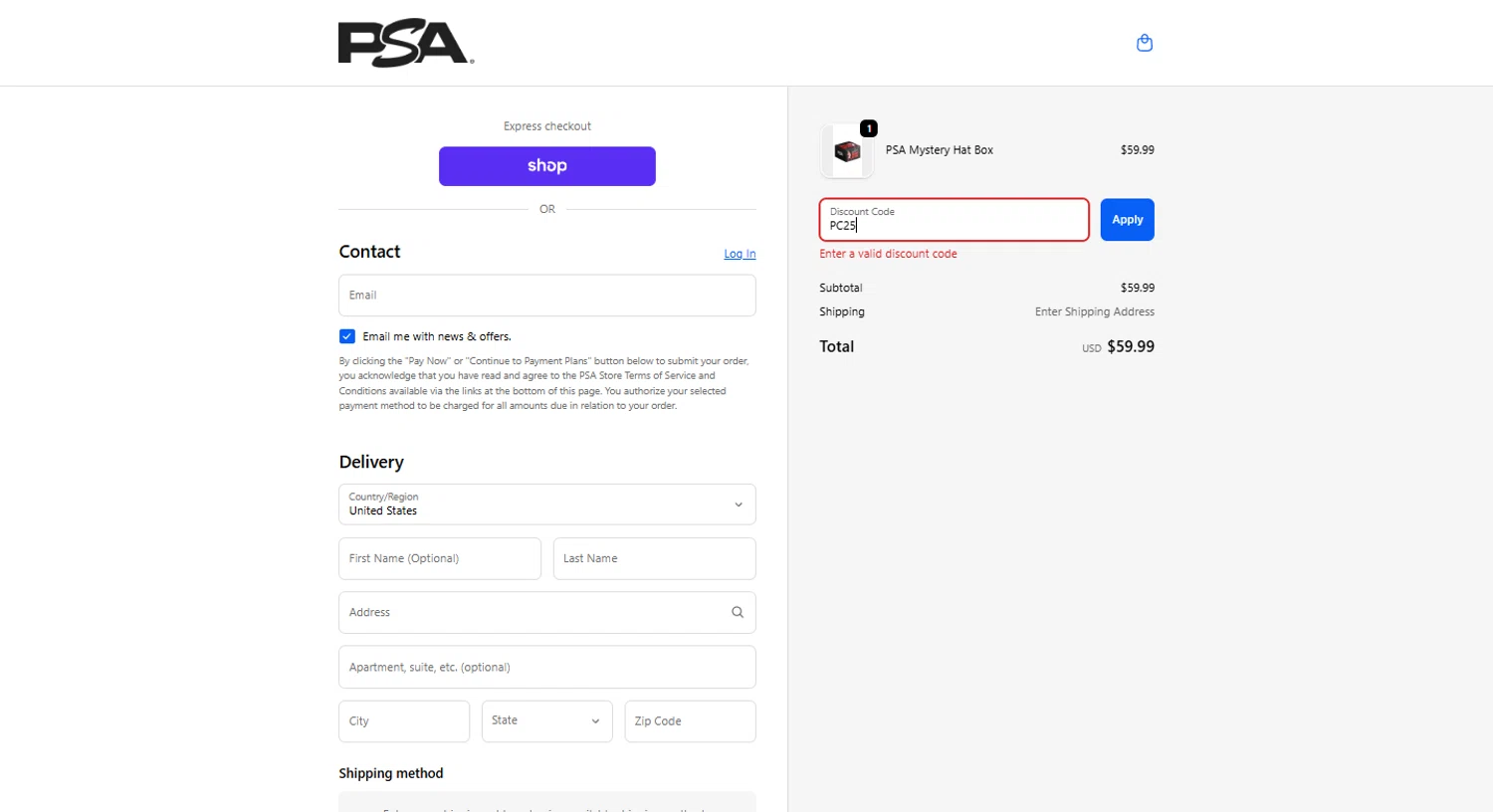PSA Card promo code screenshot showing code PC25 applied at PSA Card checkout page. Uploaded by SimplyCodes community member enriqueyegres on Dec 8, 2025