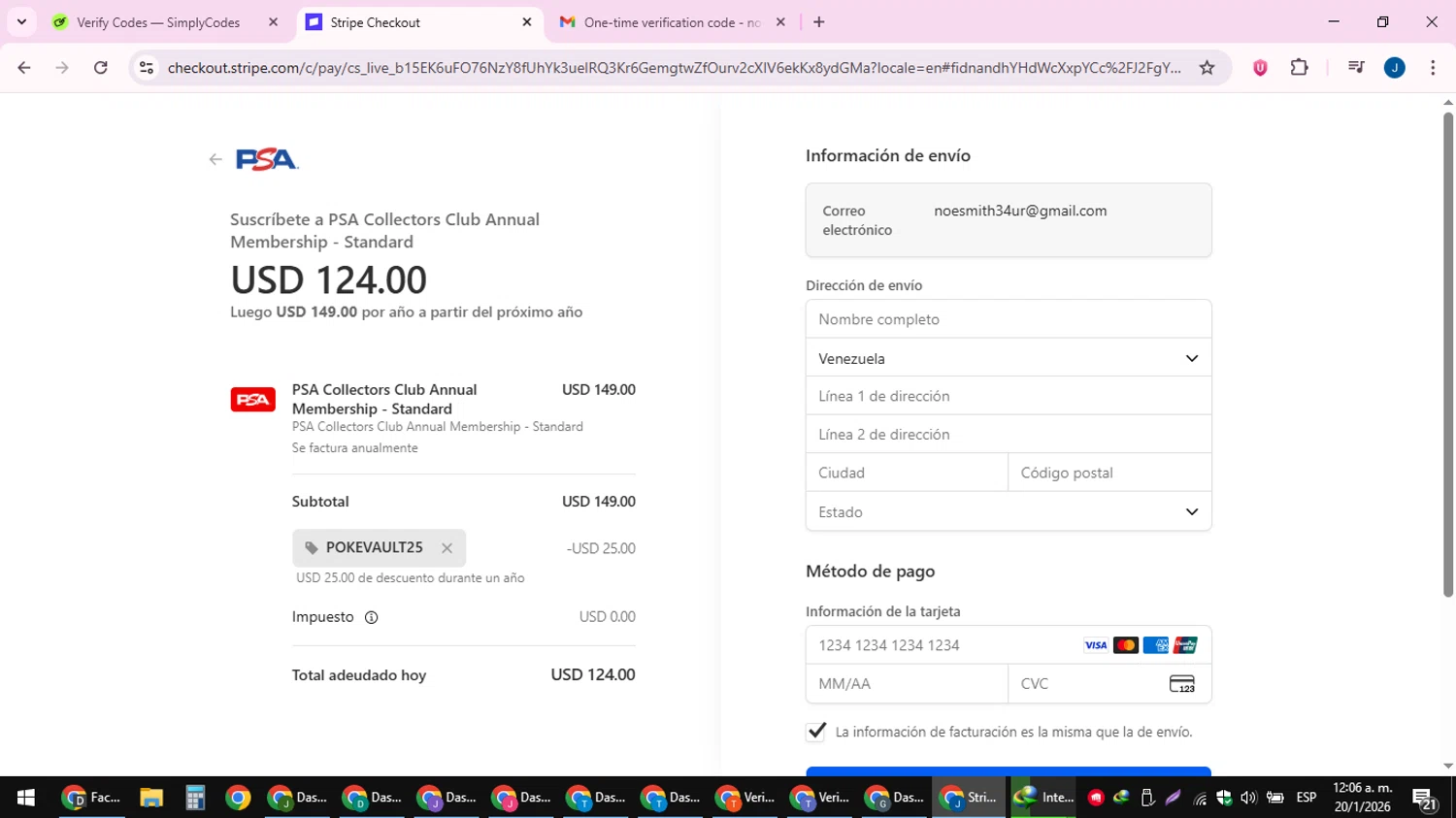 PSA Card promo code screenshot showing code POKEVAULT25 applied at PSA Card checkout page. Uploaded by SimplyCodes community member noesmith34ur on Jan 20, 2026
