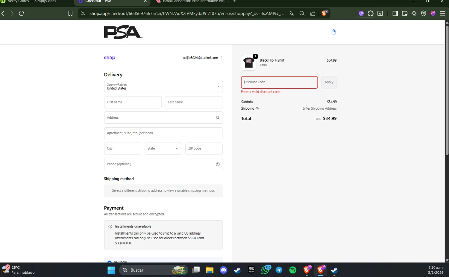 PSA Card promo code screenshot showing code KETCHEM25 applied at PSA Card checkout page. Uploaded by SimplyCodes community member Fraymer on Jan 3, 2026