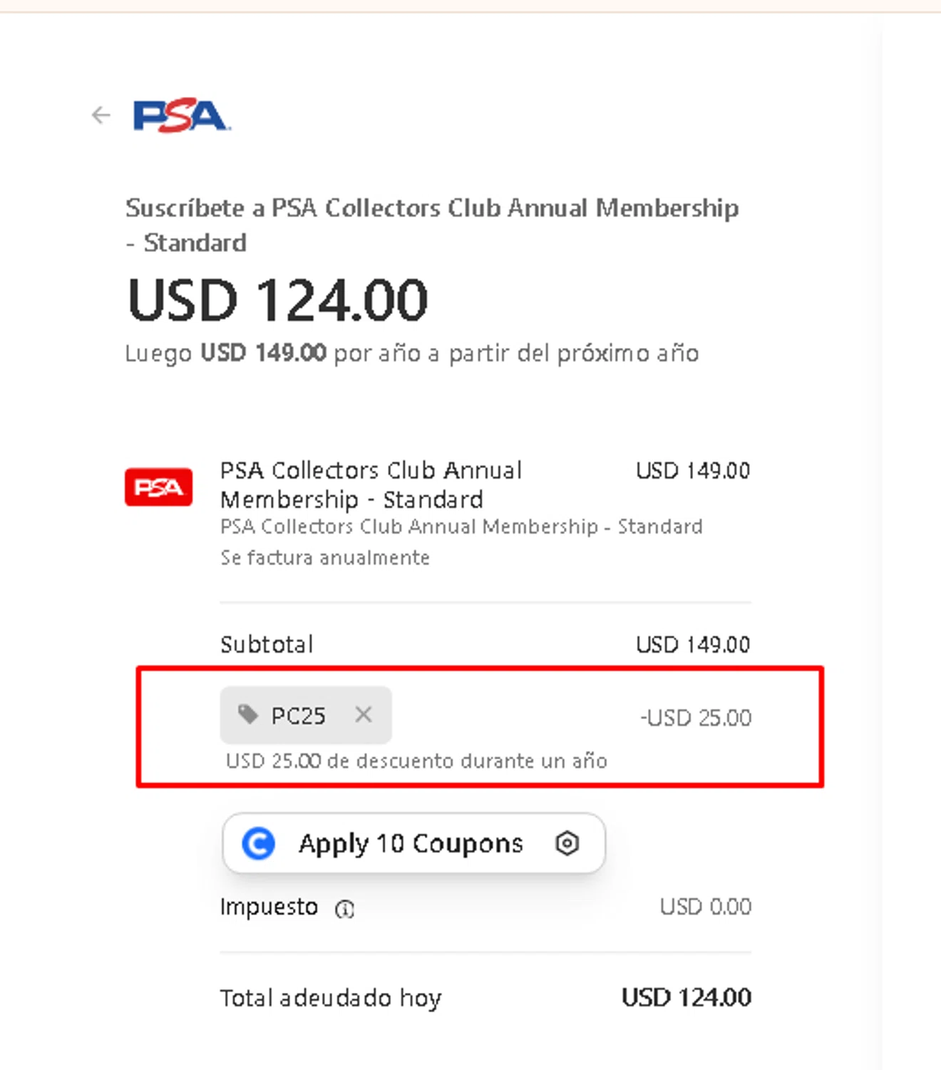 PSA Card promo code screenshot showing code PC25 applied at PSA Card checkout page. Uploaded by SimplyCodes community member AMANDA2681 on Dec 28, 2025