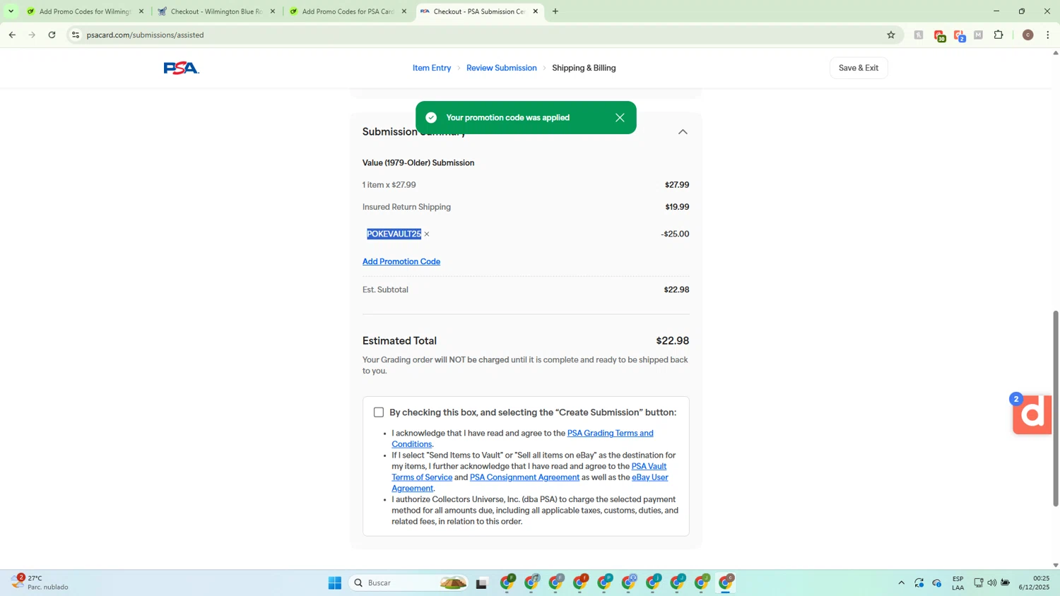 PSA Card promo code screenshot showing code KETCHEM25 applied at PSA Card checkout page. Uploaded by SimplyCodes community member RomeoSantos on Dec 6, 2025