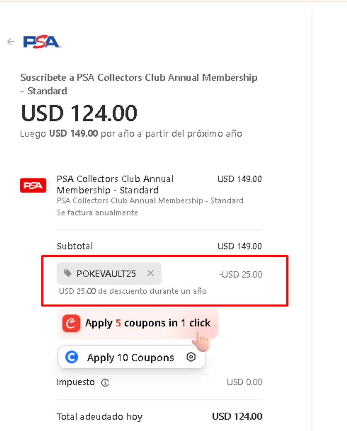PSA Card promo code screenshot showing code POKEVAULT25 applied at PSA Card checkout page. Uploaded by SimplyCodes community member carmenamandabritoser on Dec 28, 2025