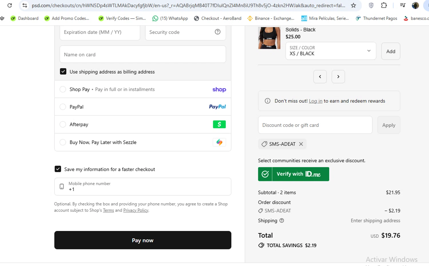 PSD Underwear promo code screenshot showing code SMS-ADEAT applied at PSD Underwear checkout page. Uploaded by SimplyCodes community member Loki_Odinson on Feb 23, 2026