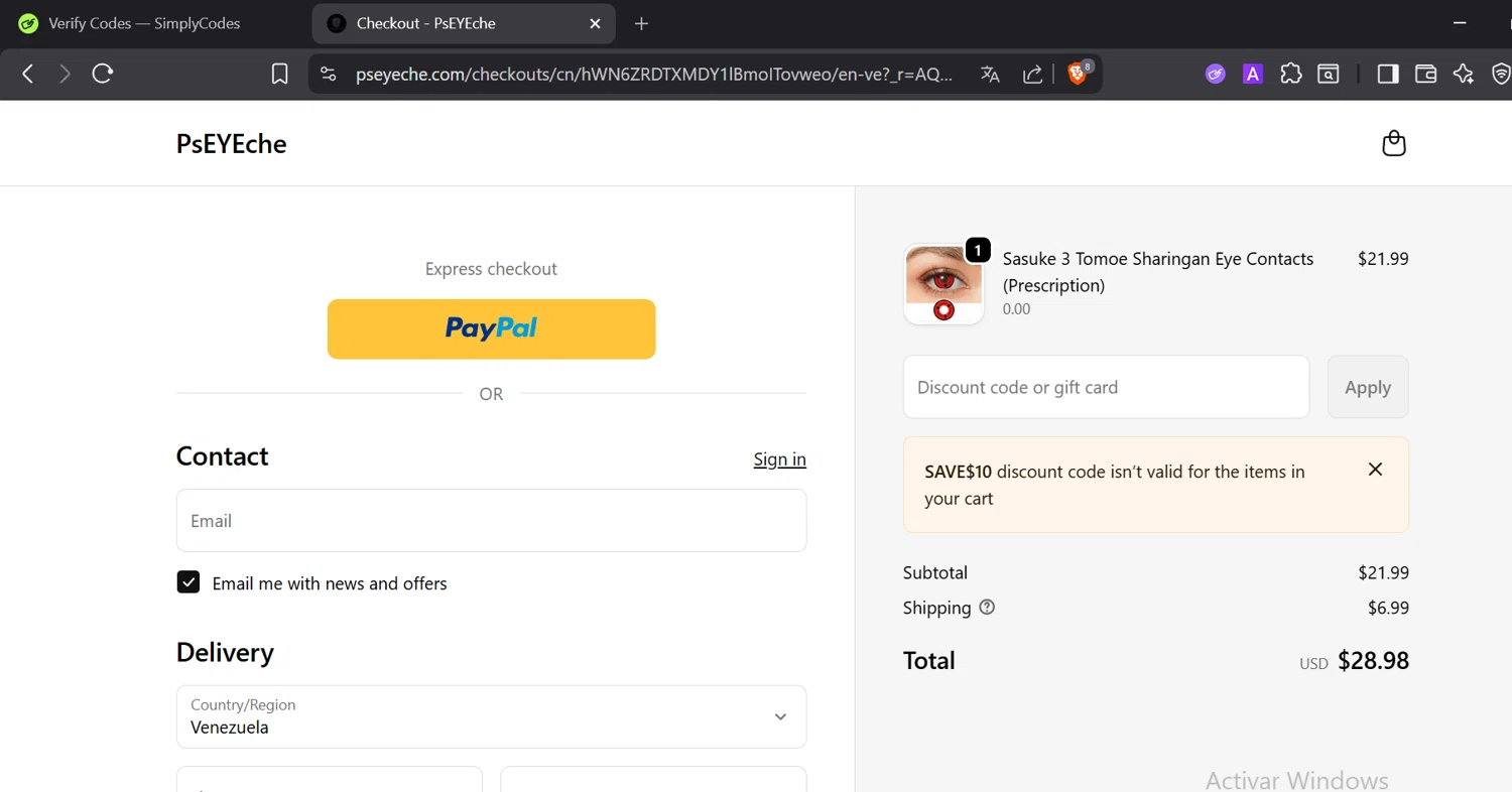 PsEYEche discount code screenshot showing code Save$10 applied at PsEYEche checkout page. Uploaded by SimplyCodes community member Trump23 on Dec 18, 2025