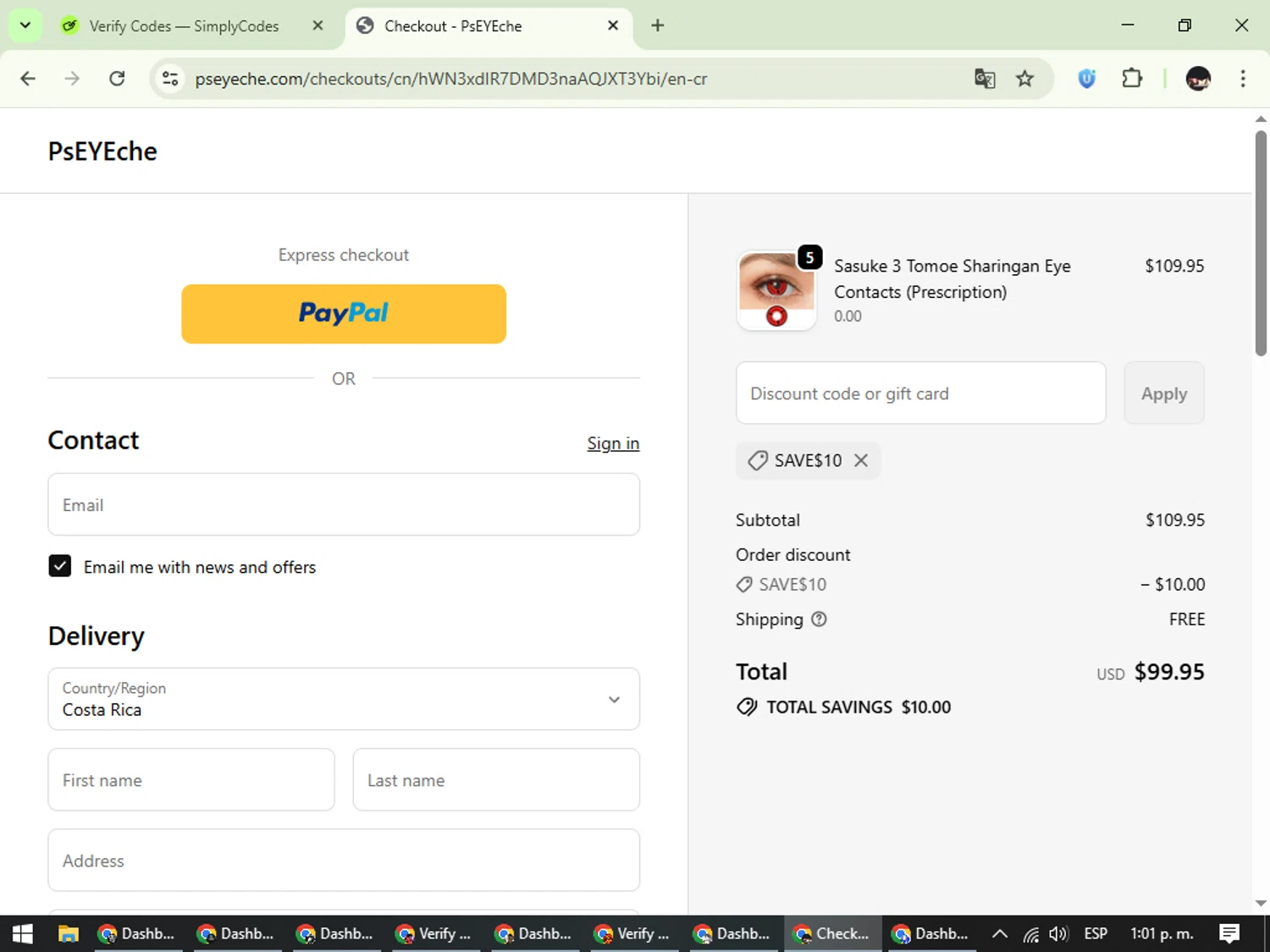 PsEYEche discount code screenshot showing code Save$10 applied at PsEYEche checkout page. Uploaded by SimplyCodes community member WonderCurator791 on Oct 10, 2025
