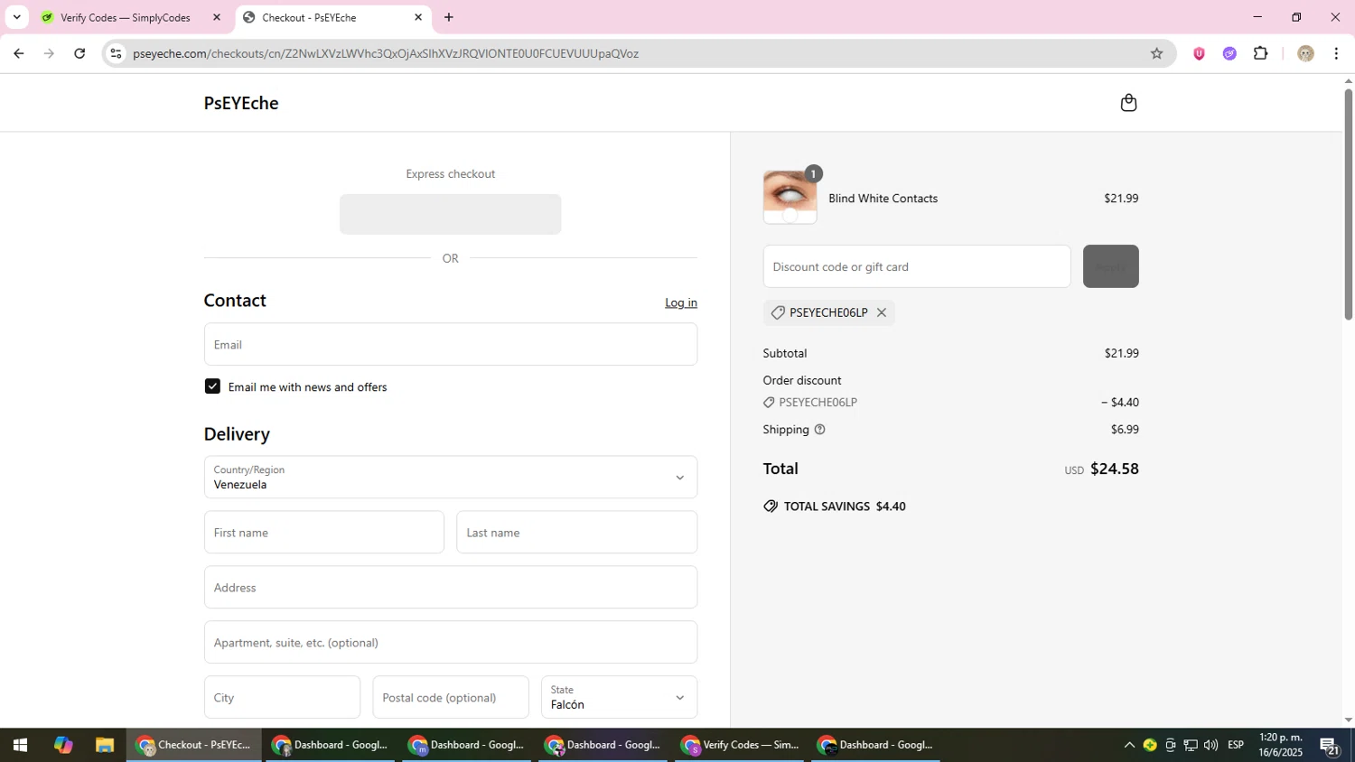 PsEYEche discount code screenshot showing code PsEYEche06LP applied at PsEYEche checkout page. Uploaded by SimplyCodes community member NobleScholar4826 on Jun 16, 2025