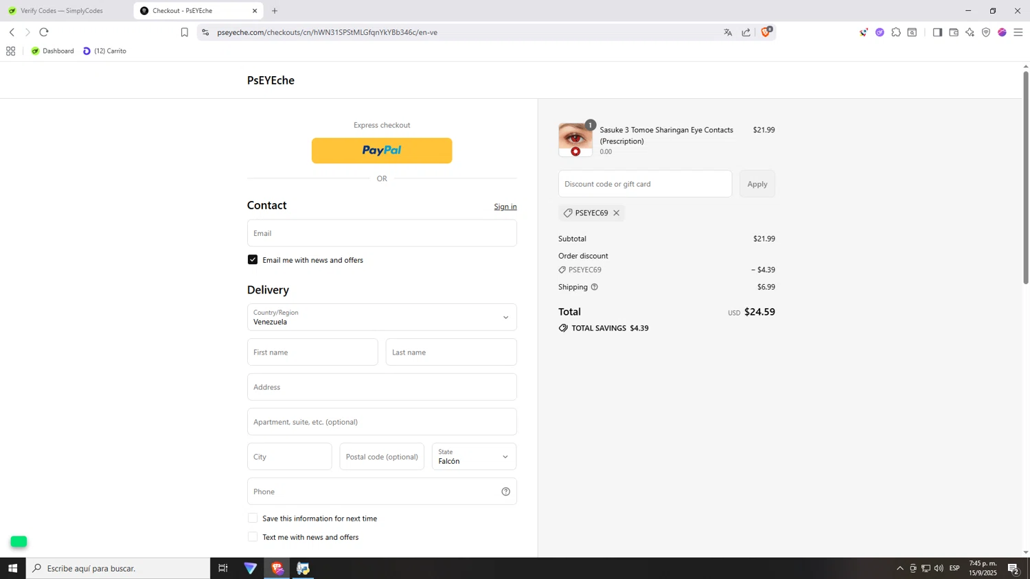 PsEYEche discount code screenshot showing code PSEYEC69 applied at PsEYEche checkout page. Uploaded by SimplyCodes community member Nezukooo on Sep 15, 2025