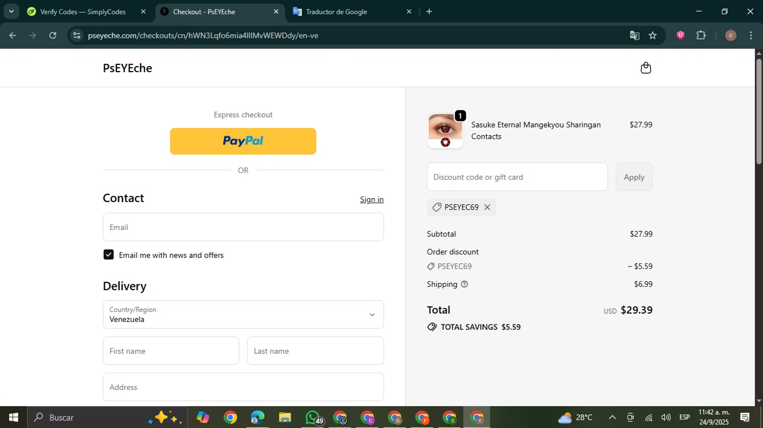 PsEYEche discount code screenshot showing code PSEYEC69 applied at PsEYEche checkout page. Uploaded by SimplyCodes community member NobleExpert6497 on Sep 24, 2025