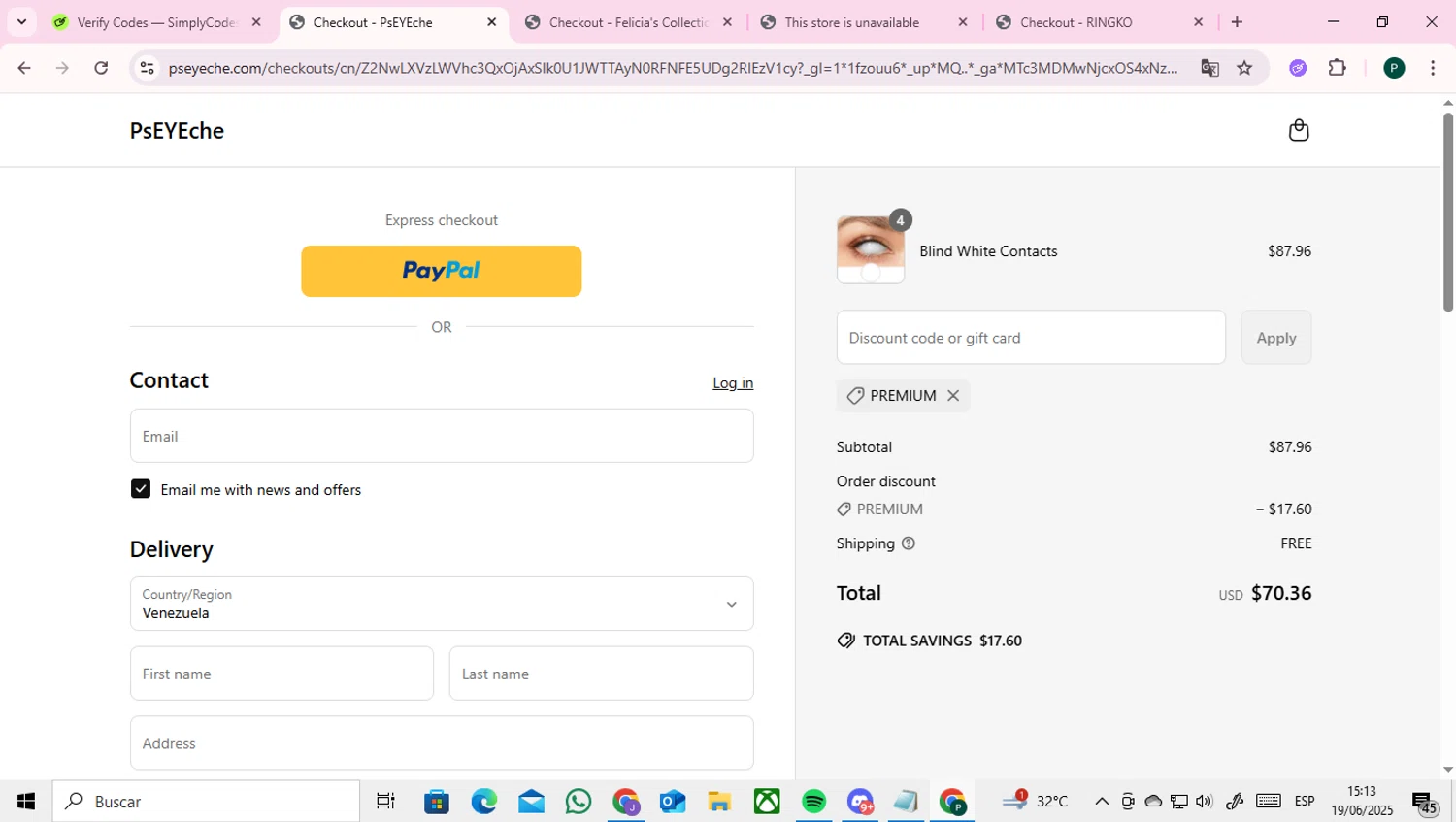 PsEYEche discount code screenshot showing code PREMIUM applied at PsEYEche checkout page. Uploaded by SimplyCodes community member RoyalAdmiral4824 on Jun 19, 2025