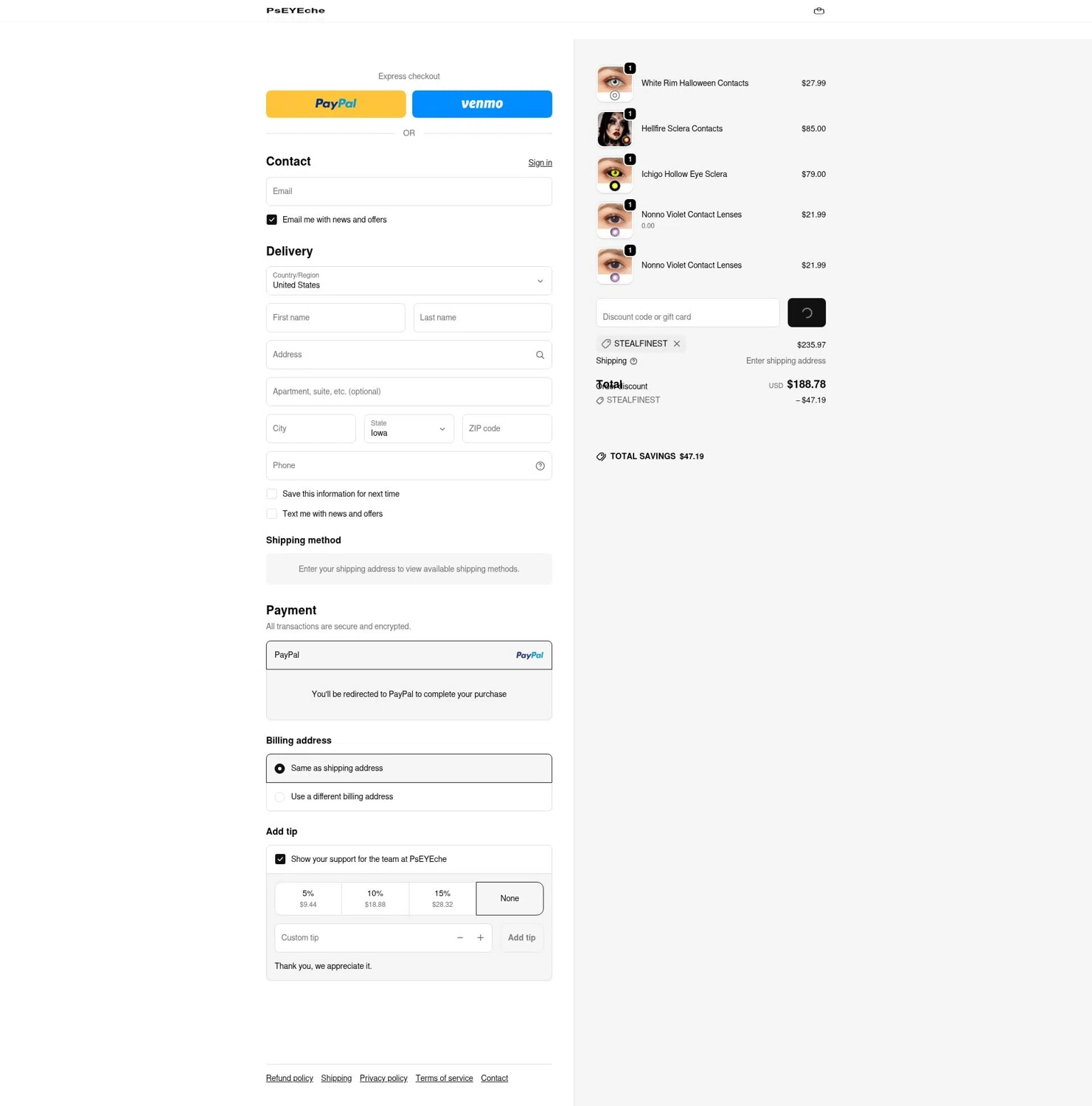 PsEYEche discount code screenshot showing code stealfinest applied at PsEYEche checkout page. Uploaded by SimplyCodes community member LOgoter on Jan 29, 2026