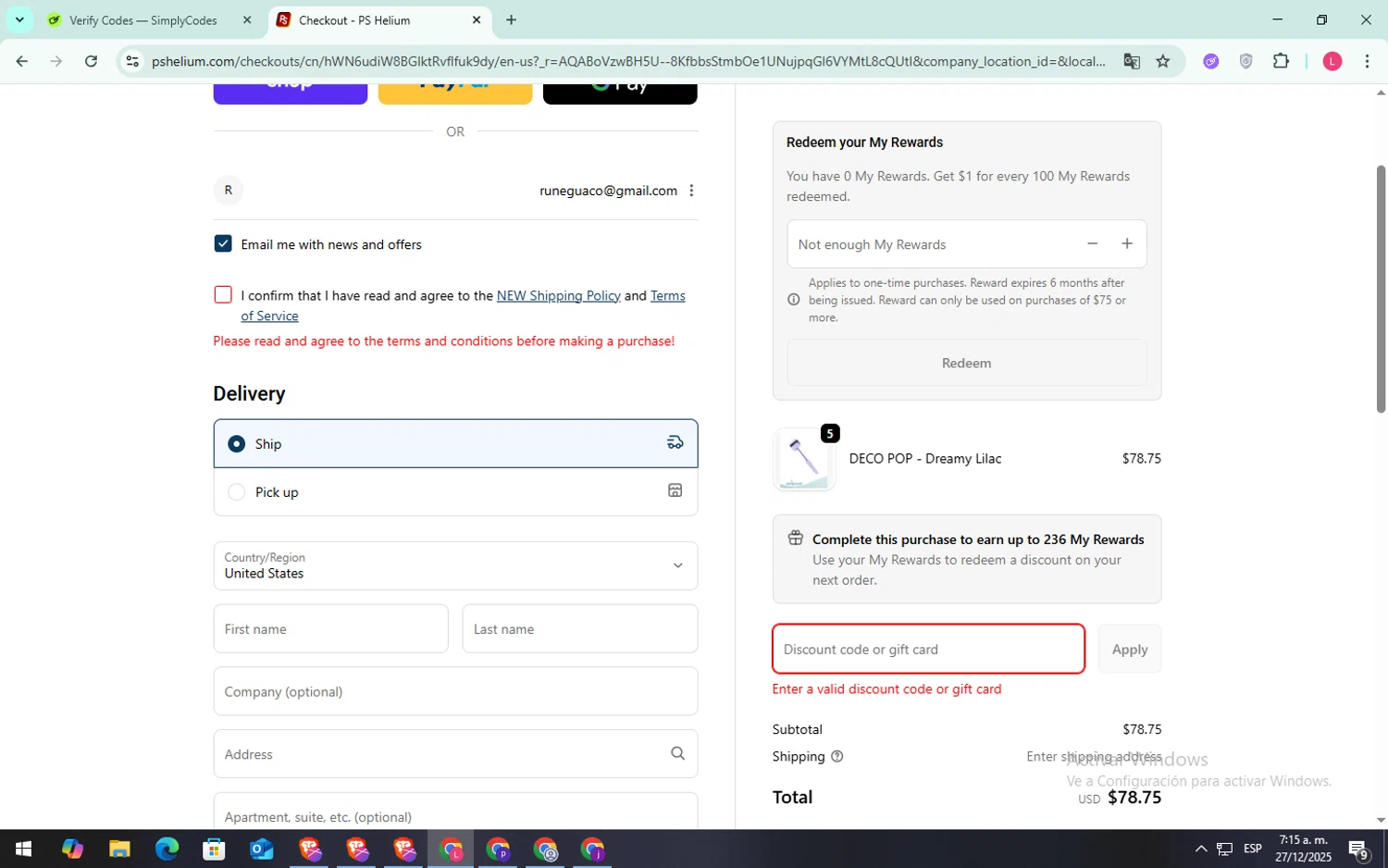 PS Helium discount code screenshot showing code FLOTO15 applied at PS Helium checkout page. Uploaded by SimplyCodes community member SilverFox3257 on Dec 27, 2025