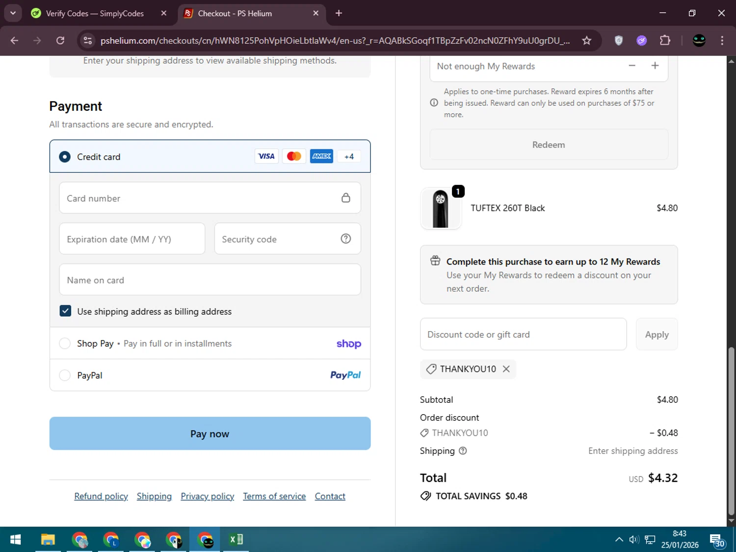 PS Helium checkout page showing PS Helium discount code box | Screenshot taken by SimplyCodes community member on Jan 25, 2026