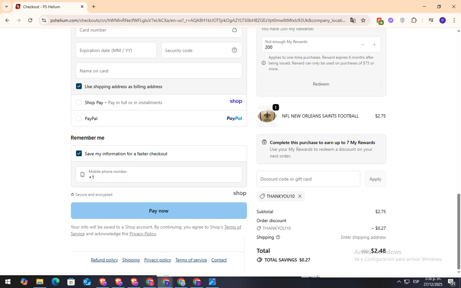 PS Helium discount code screenshot showing code THANKYOU10 applied at PS Helium checkout page. Uploaded by SimplyCodes community member NobleFox9153 on Dec 27, 2025