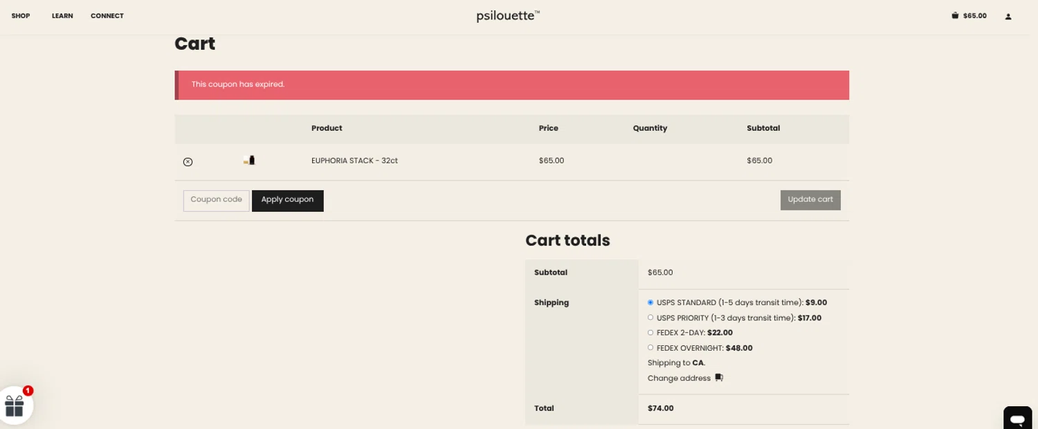 Psilouette coupon code screenshot showing code beauties15 applied at Psilouette checkout page. Uploaded by SimplyCodes community member omargrimes on Apr 16, 2025