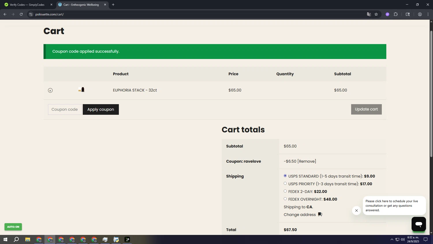 Psilouette checkout page showing Psilouette coupon code box | Screenshot taken by SimplyCodes community member on Sep 24, 2025