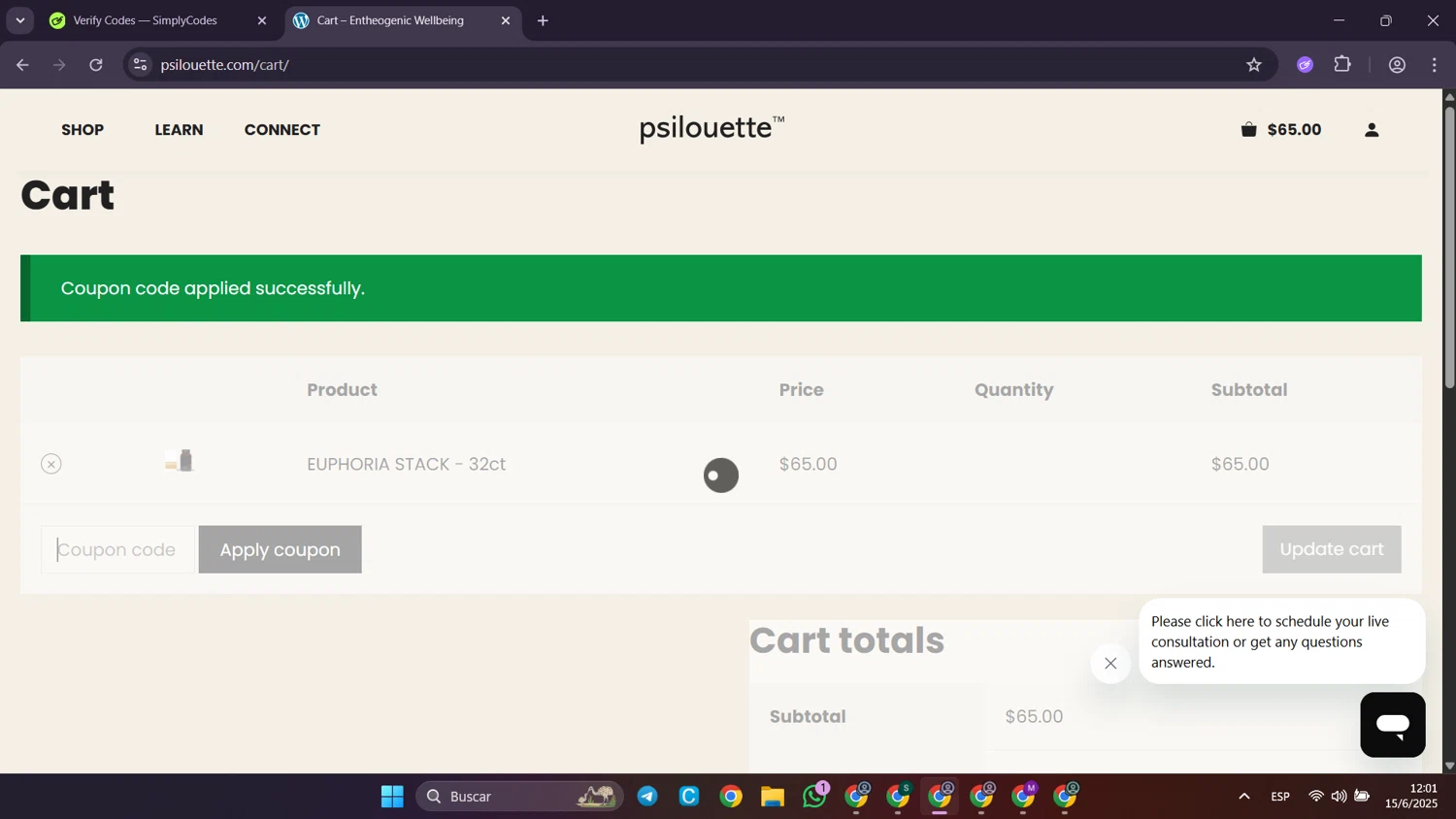 Psilouette checkout page showing Psilouette coupon code box | Screenshot taken by SimplyCodes community member on Jun 15, 2025