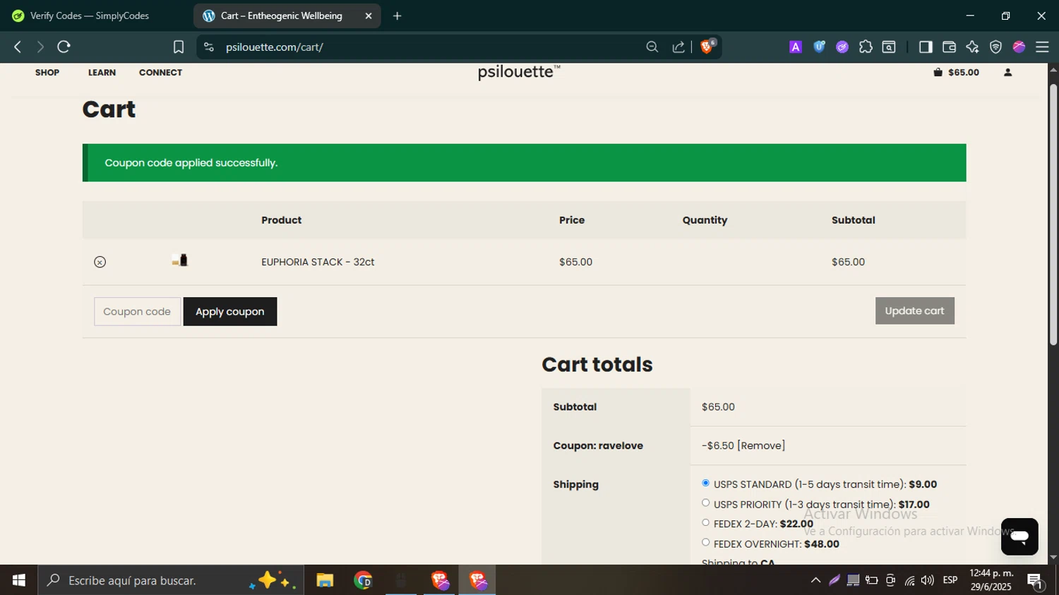 Psilouette checkout page showing Psilouette coupon code box | Screenshot taken by SimplyCodes community member on Jun 29, 2025