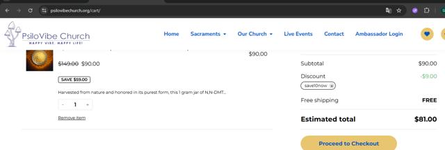 PsiloVibe Church checkout page showing PsiloVibe Church discount code box | Screenshot taken by SimplyCodes community member on Aug 1, 2025