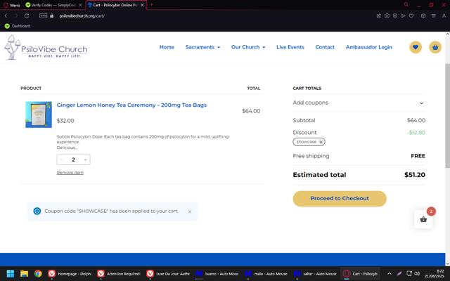 PsiloVibe Church checkout page showing PsiloVibe Church discount code box | Screenshot taken by SimplyCodes community member on Aug 21, 2025