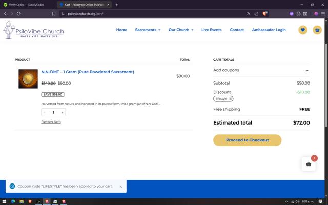 PsiloVibe Church checkout page showing PsiloVibe Church discount code box | Screenshot taken by SimplyCodes community member on Aug 21, 2025