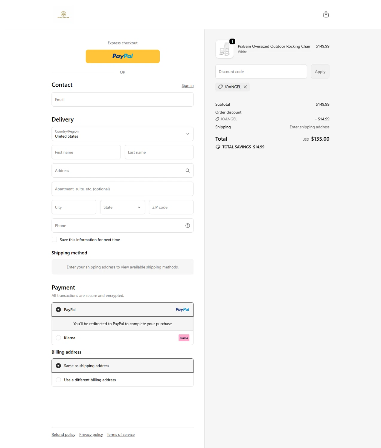 Psilvam promo code screenshot showing code JOANGEL applied at Psilvam checkout page. Uploaded by SimplyCodes community member kanEki12 on Jun 7, 2026