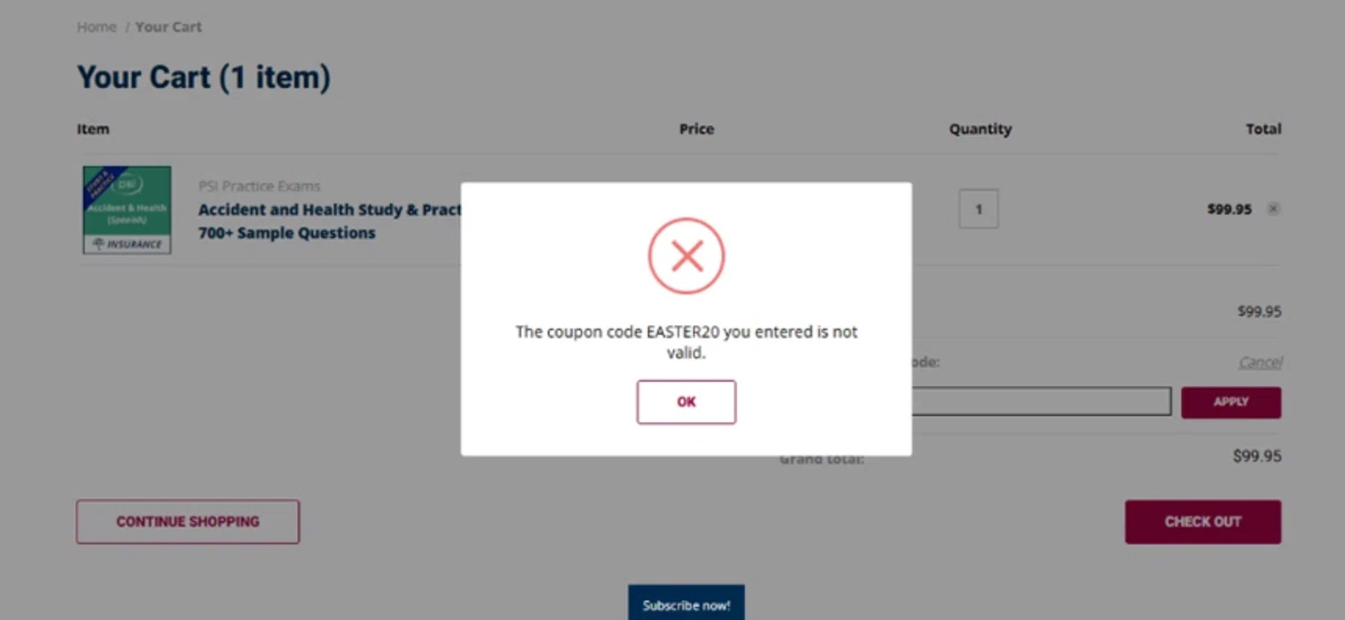 PSI Online coupon code screenshot showing code EASTER20 applied at PSI Online checkout page. Uploaded by SimplyCodes community member SimplyCVerlie on Feb 21, 2025