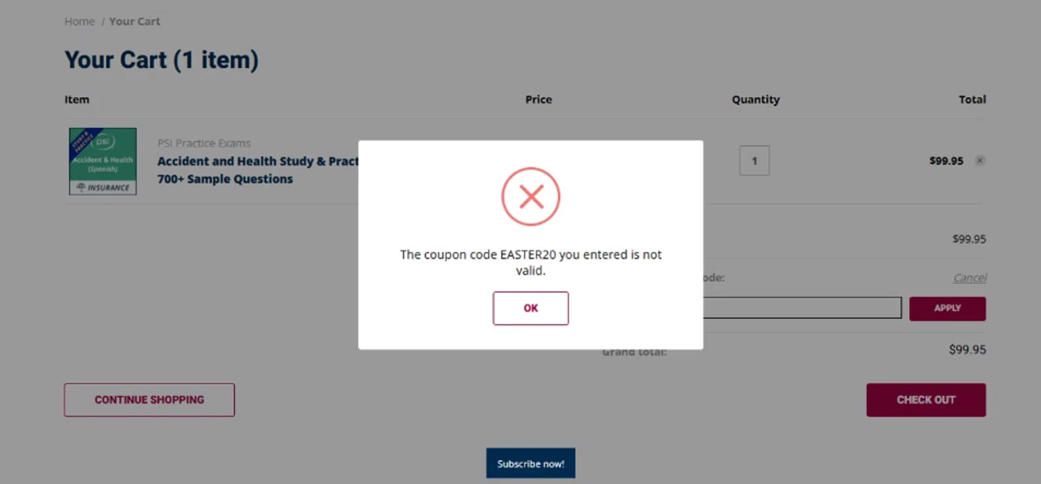 PSI Online coupon code screenshot showing code EASTER20 applied at PSI Online checkout page. Uploaded by SimplyCodes community member SimplyCVerlie on Feb 15, 2025