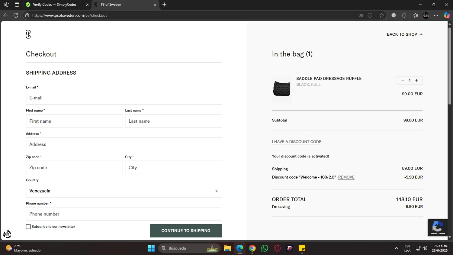 PS of Sweden discount code screenshot showing code WELCOMEBACK applied at PS of Sweden checkout page. Uploaded by SimplyCodes community member jhoanDepp on Jun 28, 2025