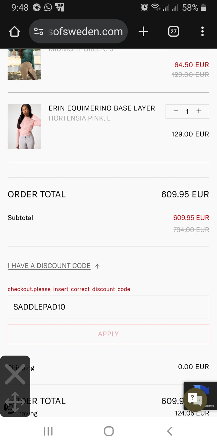 PS of Sweden discount code screenshot showing code SADDLEPAD10 applied at PS of Sweden checkout page. Uploaded by SimplyCodes community member GloriousFinder136 on Aug 25, 2025