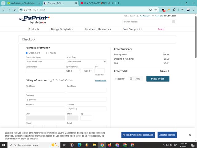 PsPrint checkout page showing PsPrint coupon code box | Screenshot taken by SimplyCodes community member on Jun 4, 2025