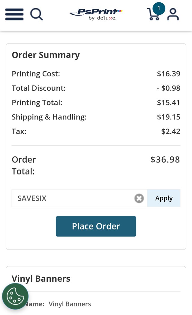 PsPrint checkout page showing PsPrint coupon code box | Screenshot taken by SimplyCodes community member on Jul 20, 2025