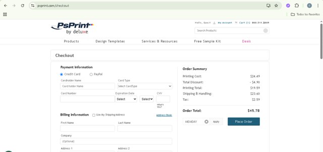 PsPrint checkout page showing PsPrint coupon code box | Screenshot taken by SimplyCodes community member on May 23, 2025