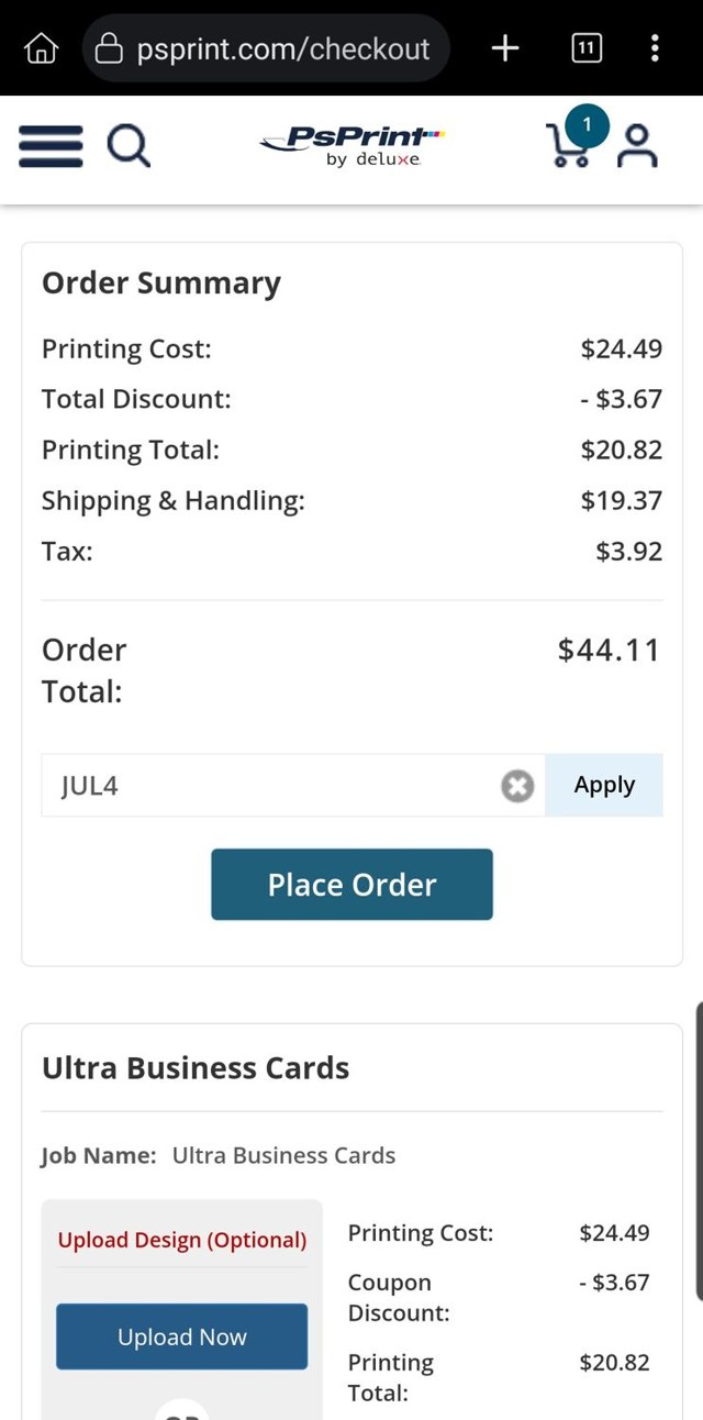 PsPrint checkout page showing PsPrint coupon code box | Screenshot taken by SimplyCodes community member on Jul 3, 2025