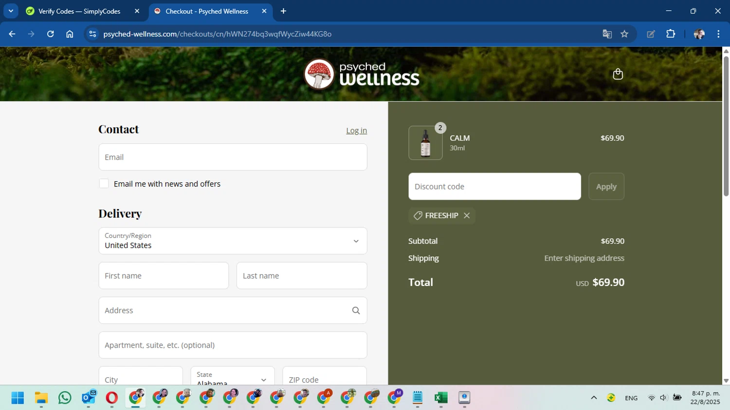 Psyched Wellness discount code screenshot showing code FREESHIP applied at Psyched Wellness checkout page. Uploaded by SimplyCodes community member DavidMGF on Aug 23, 2025