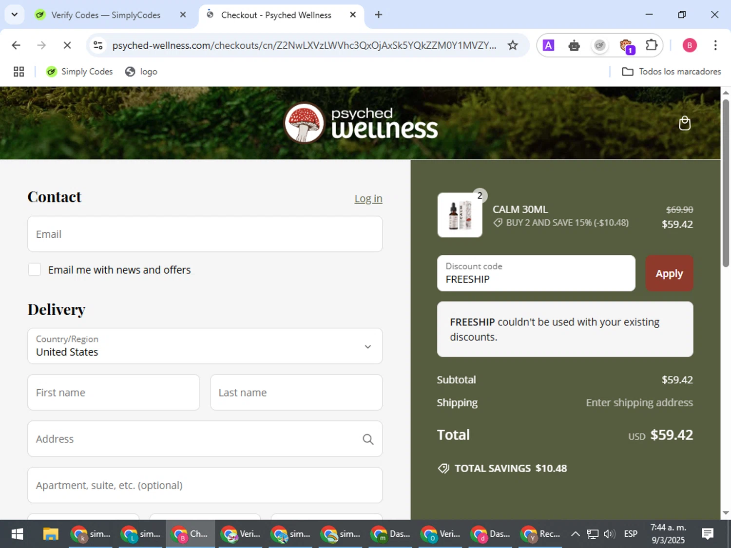 Psyched Wellness discount code screenshot showing code FREESHIP applied at Psyched Wellness checkout page. Uploaded by SimplyCodes community member bombontropical on Mar 9, 2025
