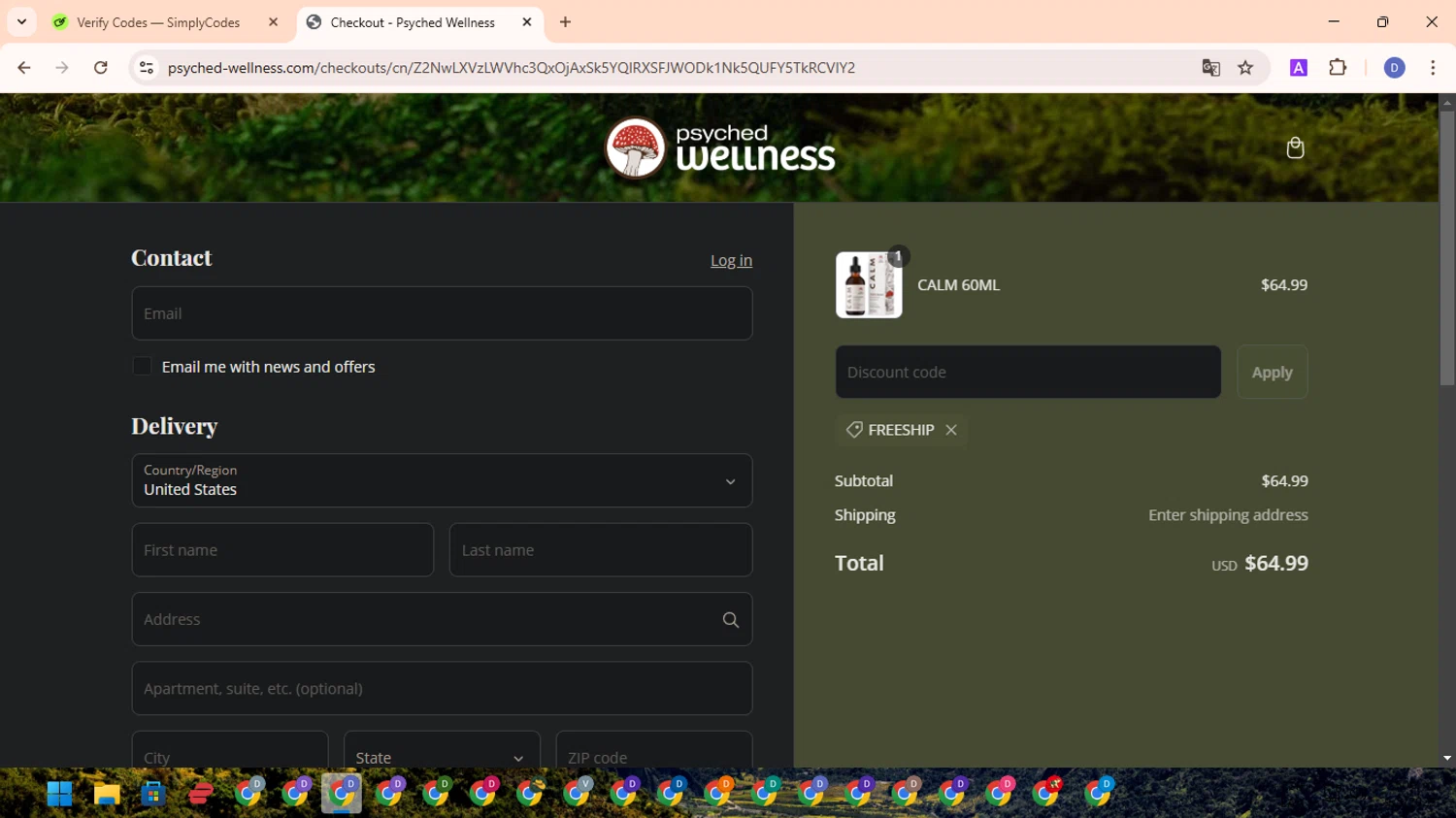 Psyched Wellness discount code screenshot showing code FREESHIP applied at Psyched Wellness checkout page. Uploaded by SimplyCodes community member RewardOwl5959 on Mar 9, 2025