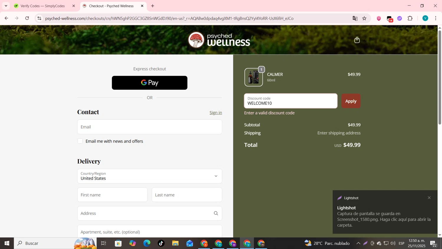 Psyched Wellness discount code screenshot showing code WELCOME10 applied at Psyched Wellness checkout page. Uploaded by SimplyCodes community member lyffytaro on Nov 25, 2025