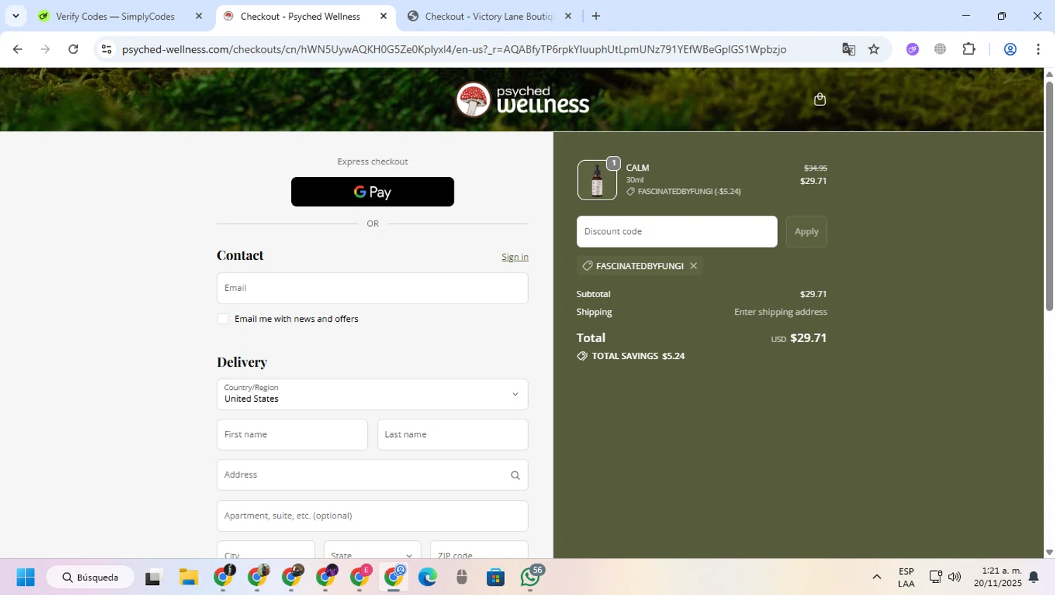 Psyched Wellness discount code screenshot showing code FASCINATEDBYFUNGI applied at Psyched Wellness checkout page. Uploaded by SimplyCodes community member greulis on Nov 20, 2025