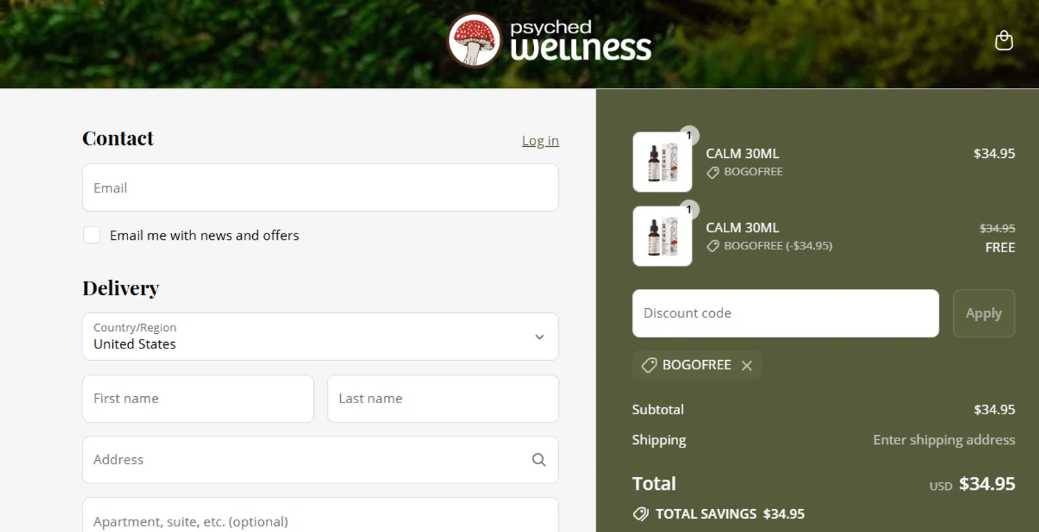 Psyched Wellness discount code screenshot showing code BOGOFREE applied at Psyched Wellness checkout page. Uploaded by SimplyCodes community member jesspea on Jul 4, 2025