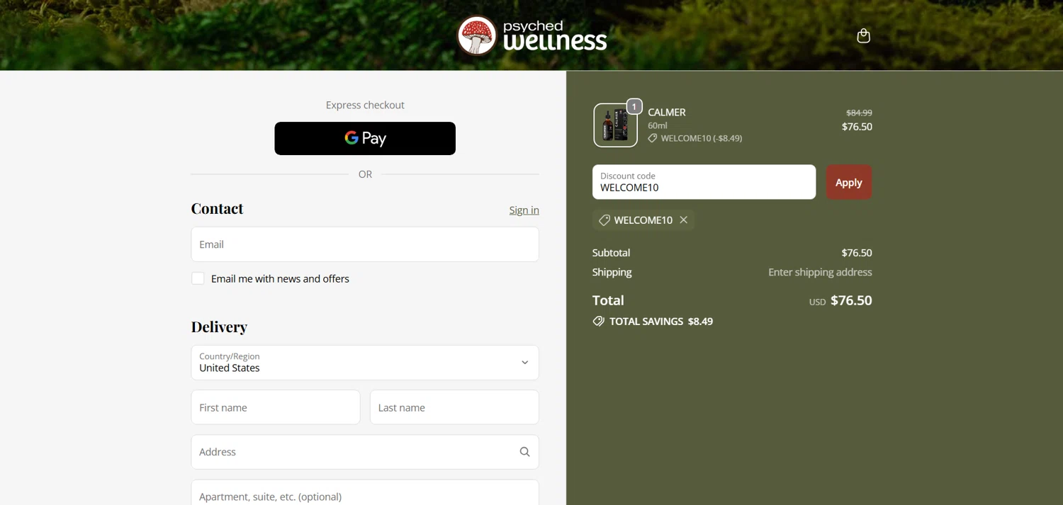 Psyched Wellness discount code screenshot showing code WELCOME10 applied at Psyched Wellness checkout page. Uploaded by SimplyCodes community member marielysmorales on Dec 8, 2025